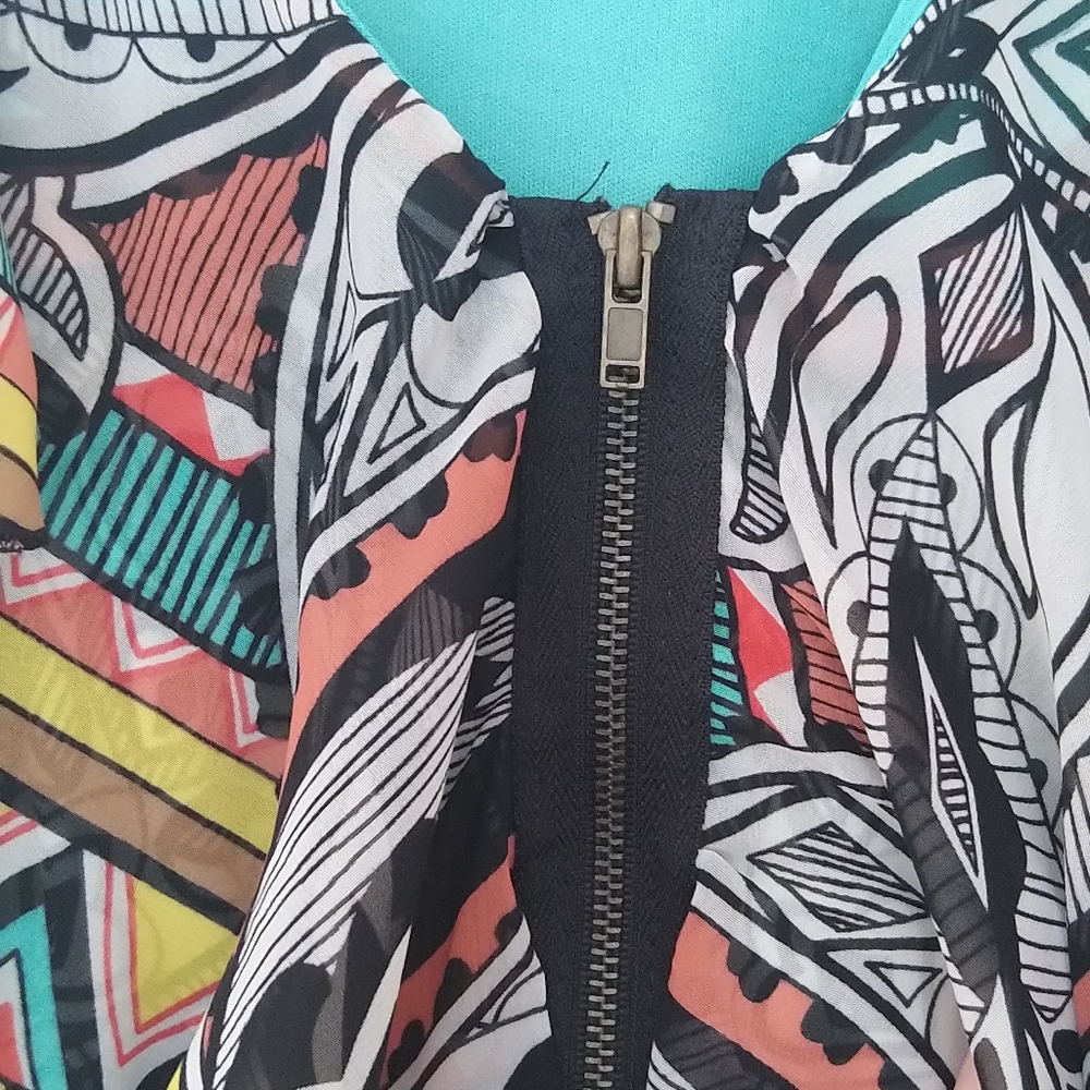 Hello Miss Multi-Colored Front Zip Turquoise Dress - image 3